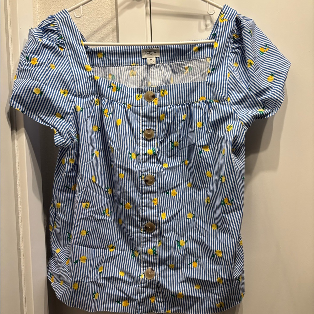 J. Crew Blue and White Striped Shirt with Yellow Floral Accents